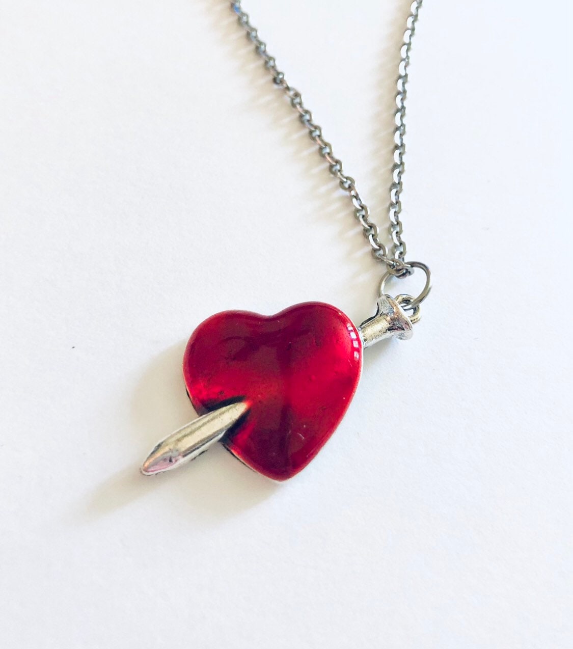 Sword Through The Heart Necklace, Red Heart Necklace, Silver Sword Necklace, Medievalist Necklace, Broken Heart Necklace