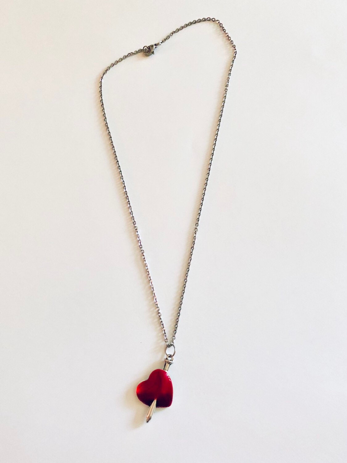 Sword Through The Heart Necklace, Red Heart Necklace, Silver Sword Necklace, Medievalist Necklace, Broken Heart Necklace