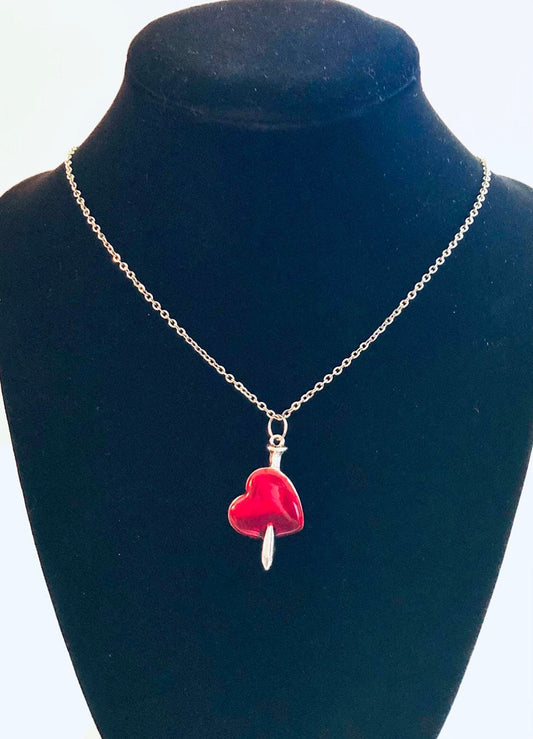 Sword Through The Heart Necklace, Red Heart Necklace, Silver Sword Necklace, Medievalist Necklace, Broken Heart Necklace