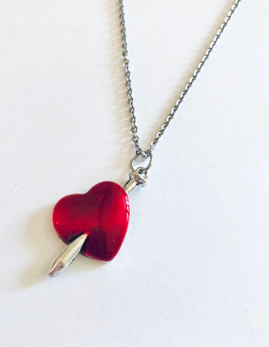 Sword Through The Heart Necklace, Red Heart Necklace, Silver Sword Necklace, Medievalist Necklace, Broken Heart Necklace