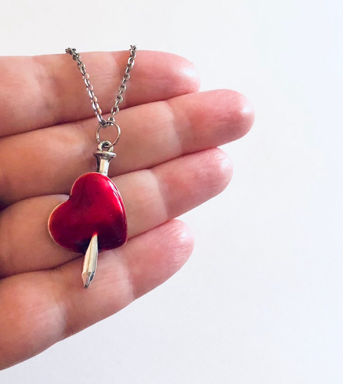 Sword Through The Heart Necklace, Red Heart Necklace, Silver Sword Necklace, Medievalist Necklace, Broken Heart Necklace