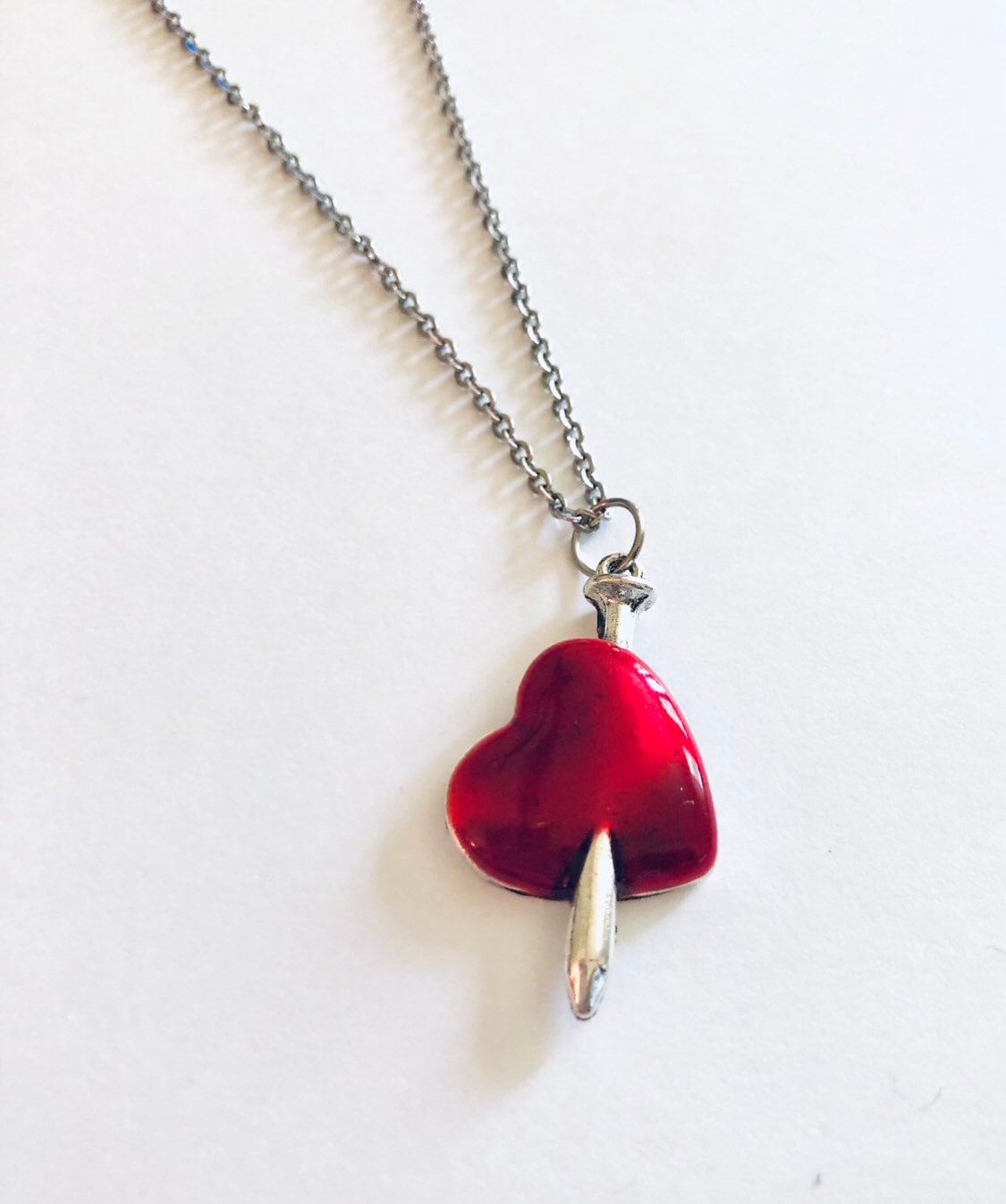 Sword Through The Heart Necklace, Red Heart Necklace, Silver Sword Necklace, Medievalist Necklace, Broken Heart Necklace