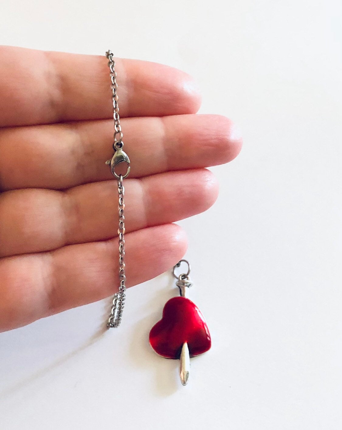 Sword Through The Heart Necklace, Red Heart Necklace, Silver Sword Necklace, Medievalist Necklace, Broken Heart Necklace