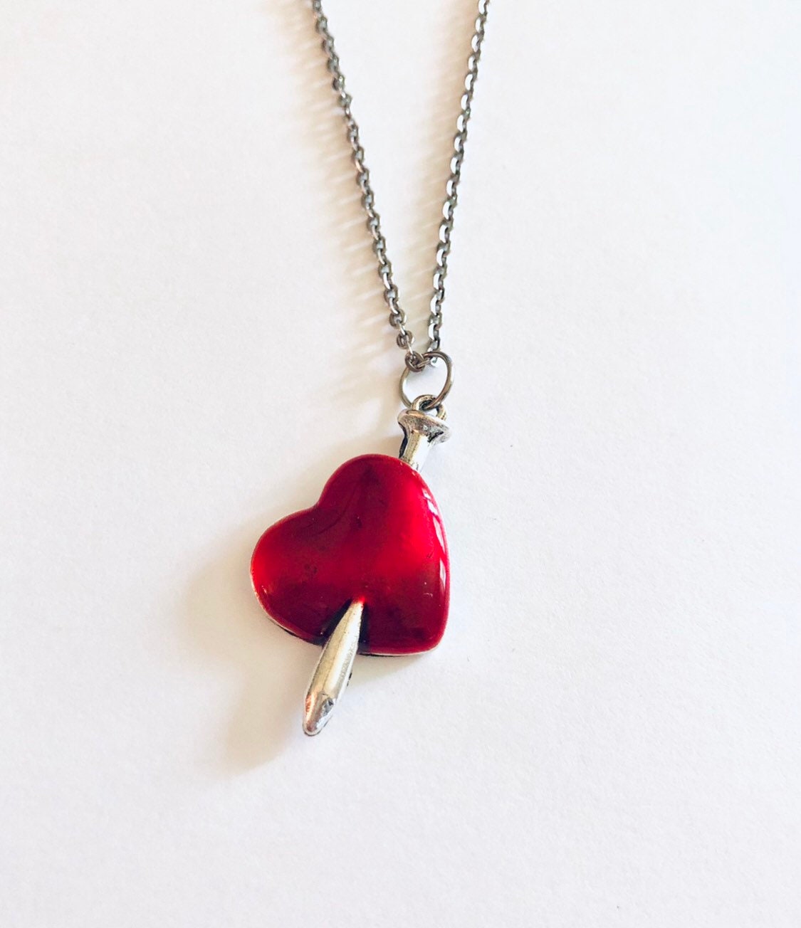 Sword Through The Heart Necklace, Red Heart Necklace, Silver Sword Necklace, Medievalist Necklace, Broken Heart Necklace